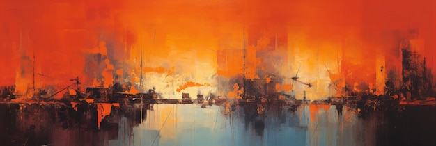 Abstract interpretation of fiery sunset skyline bold orange and black strokes in modern cityscape