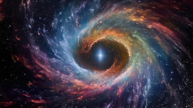 Abstract interstellar portal with a black hole at the center drawing in the universe's eye and creating a wormhole