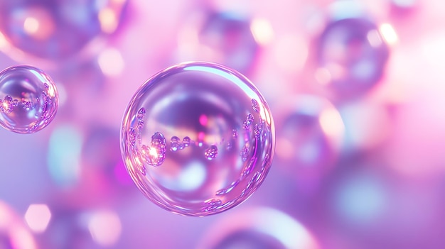 Abstract iridescent bubbles floating on a purple background