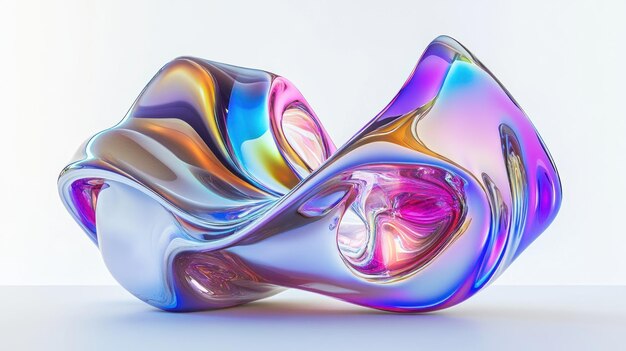 Abstract iridescent glass sculpture on a white background