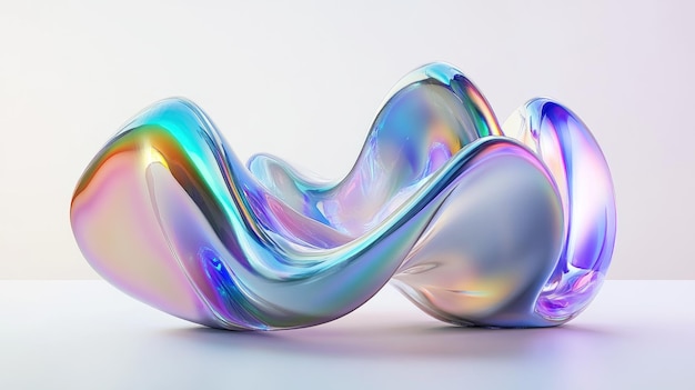 Abstract iridescent glass sculpture on a white background