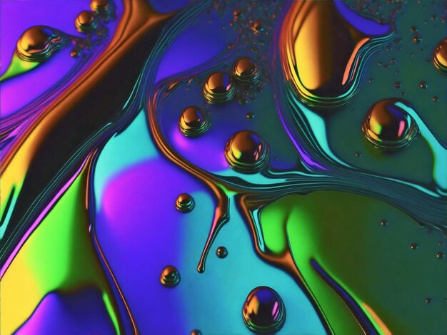 Abstract iridescent metallic liquid drops on fluorescent background Generative AI