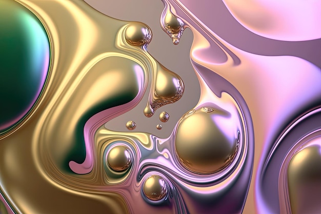 Abstract iridescent shiny background with metallic liquid drops and splashes Generative AI