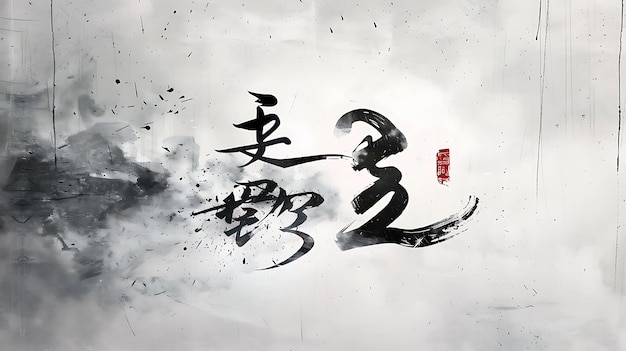 Photo abstract japanese calligraphy art with black ink strokes on white background