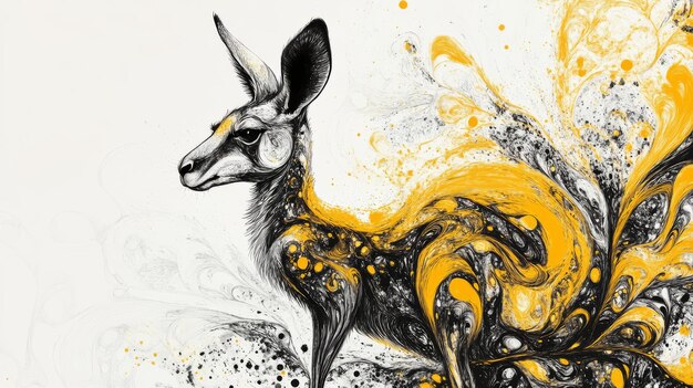 Photo abstract kangaroo art yellow black pen drawing ultra hd 4k