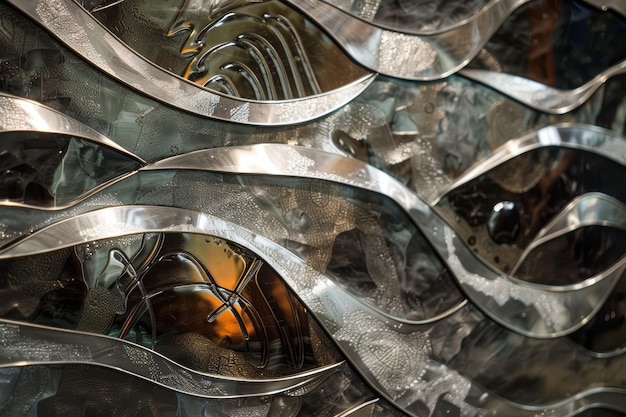 Abstract Kinetic Art with Waves and Fish in Motion Using Metal and Glass Reflections for Modern Decor