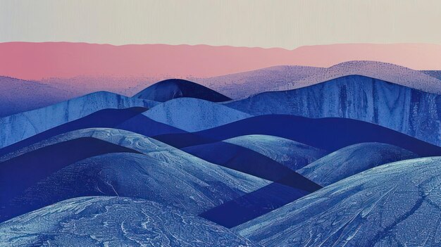 Abstract landscape featuring rolling hills in shades of blue and pink evoking tranquility