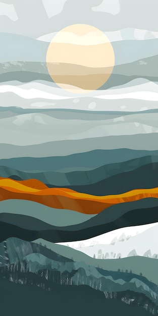 Photo abstract landscape illustration with mountains and sun