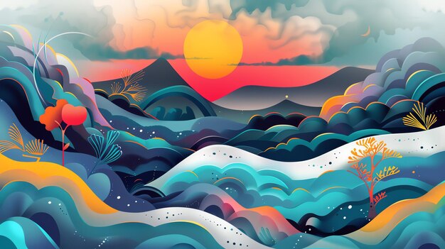 Abstract landscape illustration with sunset mountains and stylized trees