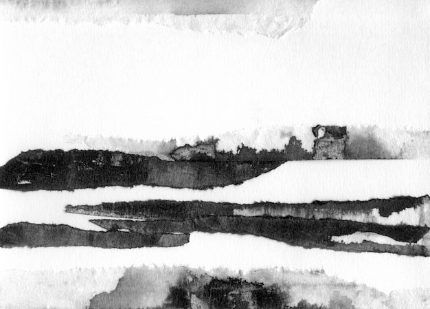 Abstract landscape ink hand drawn illustration. Black and white ink winter landscape with river. Minimalistic hand drawn