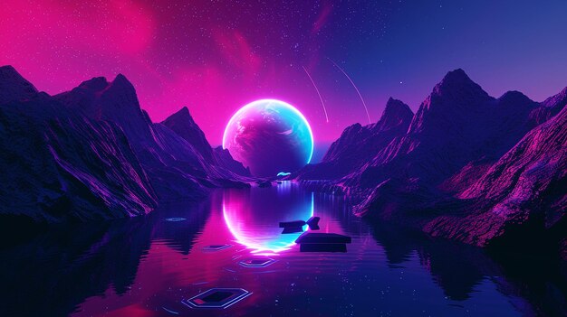 Abstract landscape and neon geometric shape