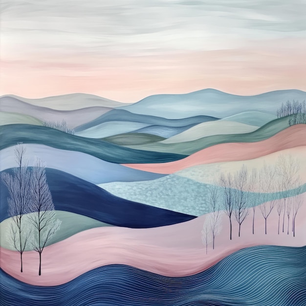 Photo abstract landscape painting with soft pastel colors of blue pink and green featuring hills and trees