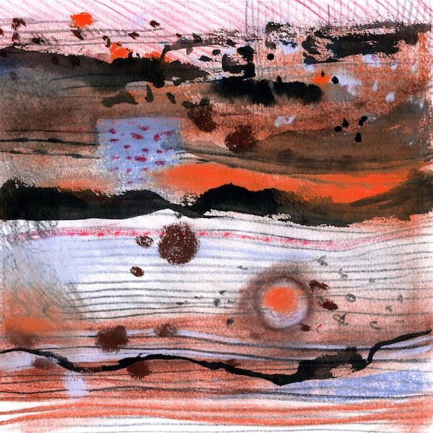 Abstract landscape pastel ink hand drawn illustration Pale colors watercolor landscape with river