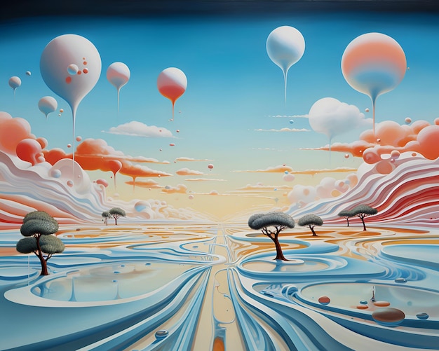 abstract landscape with balloons and trees on the background of the sky