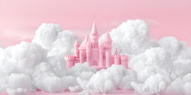 Photo abstract landscape with pastel pink children39s castle and inflatable clouds concept pastel pink children39s castle inflatable clouds abstract landscape