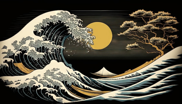 Abstract landscape with sea and rising sun in japanese style Generative AI