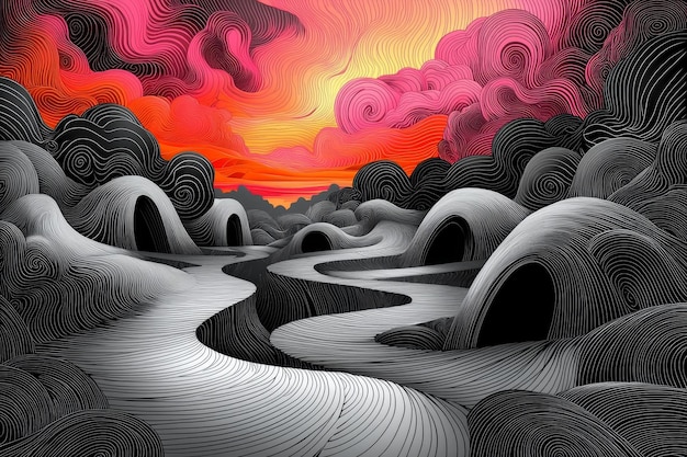 Abstract Landscape with Swirling Clouds and Curved Paths