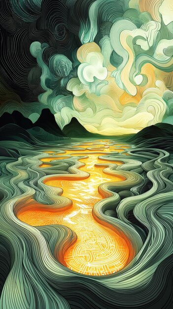 Abstract Landscape with Swirling Lines and Golden River