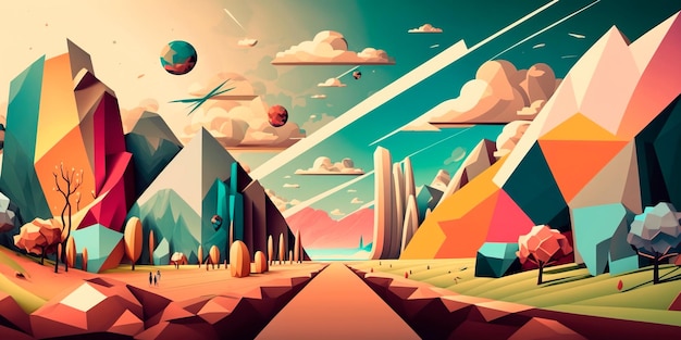 Abstract landscape with vibrant colors Geometric shapes in muted tones Generative AI