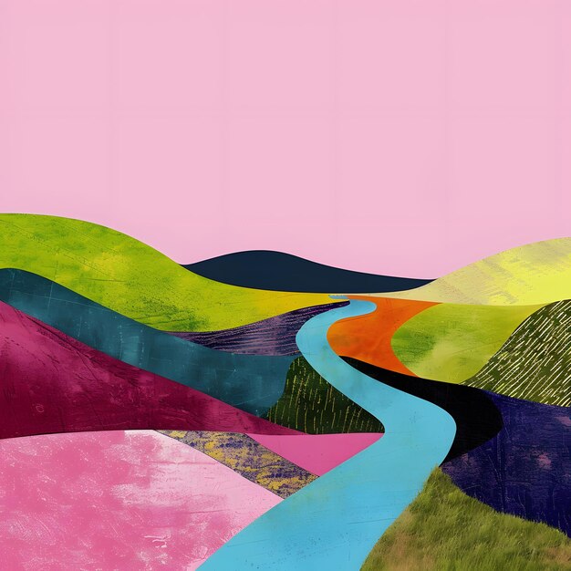 abstract landscape with a winding river and vibrant colors against a pink sky ideal for adding