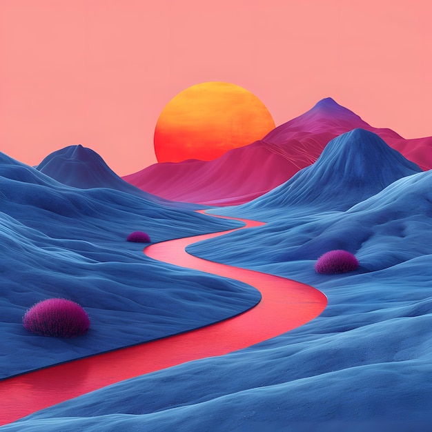 abstract landscape with a winding river and vibrant colors against a pink sky ideal for adding