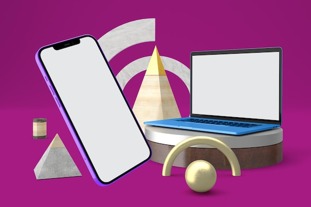 Abstract Laptop and Phone Left Side In Pink Background