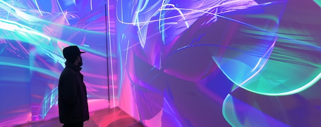 Photo abstract laser light art installation in blue and purple hues