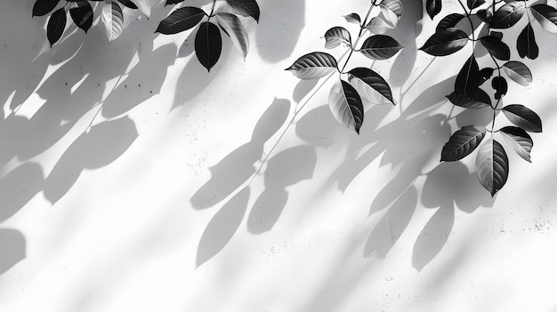 Abstract leaf shadow and light blurred background Natural leaves tree branch shadows and sunlight dappled on white concrete wall texture for background wallpaper and design shadow overlay effect