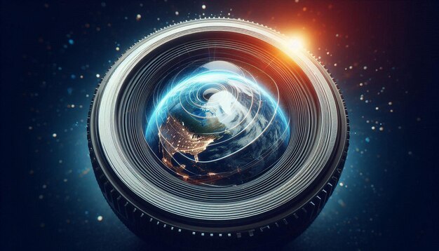 Abstract lens shutter with the world in the center conceptual image of a photograph nasa maps were u