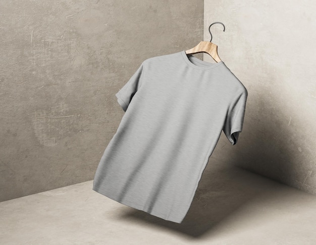 Abstract levitating grey tshirt on hanger in concrete corner with shadow Store fabric fashion and mockup concept 3D Rendering