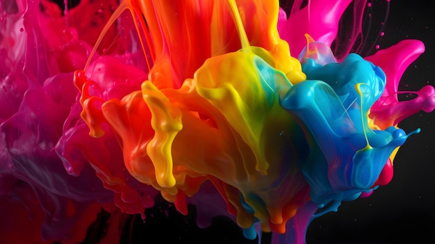 Abstract liquid color explosion colorful artistic yellow blue purple red orange splashing splatter in the air black background