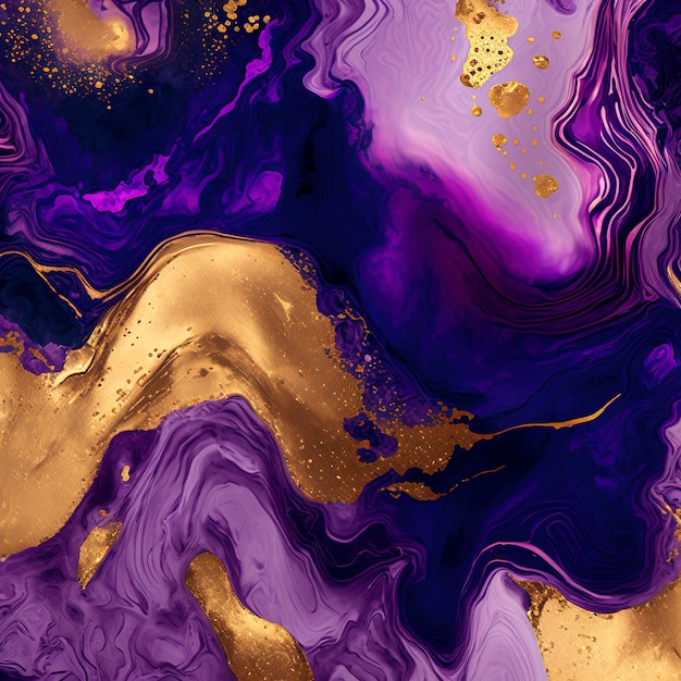 Abstract liquid fluid art painting background alcohol ink technique purple and gold , background in