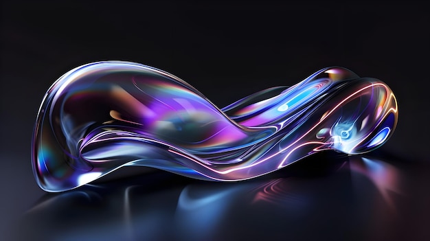 Abstract liquid glass holographic iridescent neon curved wave in motion dark background 3d render