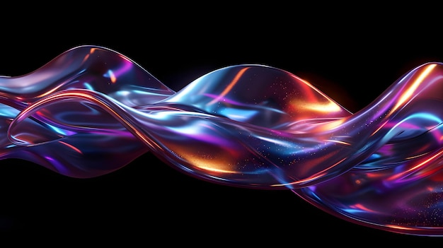 Abstract liquid glass holographic iridescent neon curved wave in motion dark background 3d render