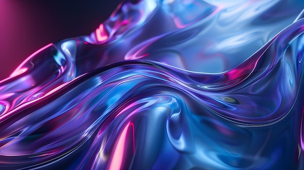 Abstract liquid glass holographic iridescent neon curved wave in motion dark background 3d render