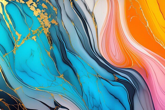 Abstract liquid marble with gold accents in blue grey pink and orange