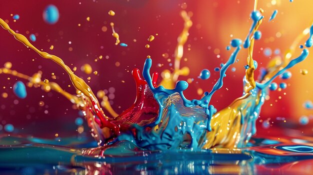 Abstract Liquid Paint Splashes on Red Background