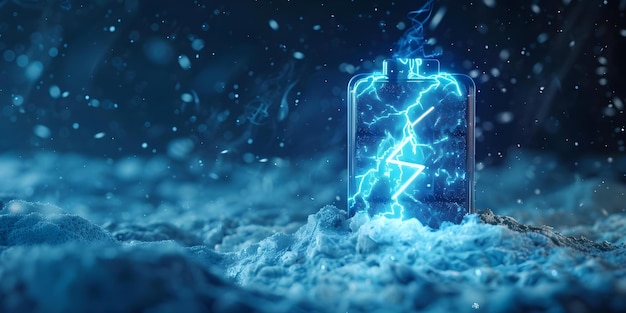 Abstract Lithium Ion Battery Design with Lightning Bolt Icon and Neon Blue Illumination on Dark Snowscape Concept Battery design trends lighting patterns snowscape aesthetics