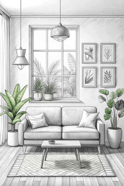 Photo abstract living room interior simple hand drawn illustration lounge with sofa window paintings houseplants carpet and chair living room in an apartment or house