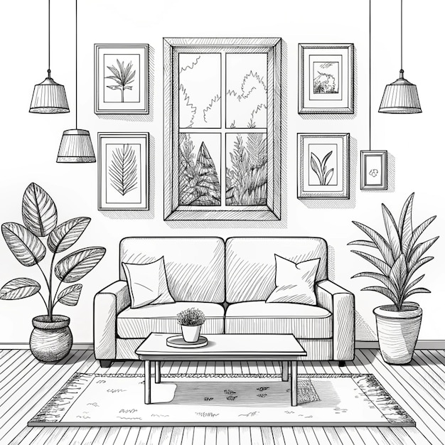 Photo abstract living room interior simple hand drawn illustration lounge with sofa window paintings houseplants carpet and chair living room in an apartment or house