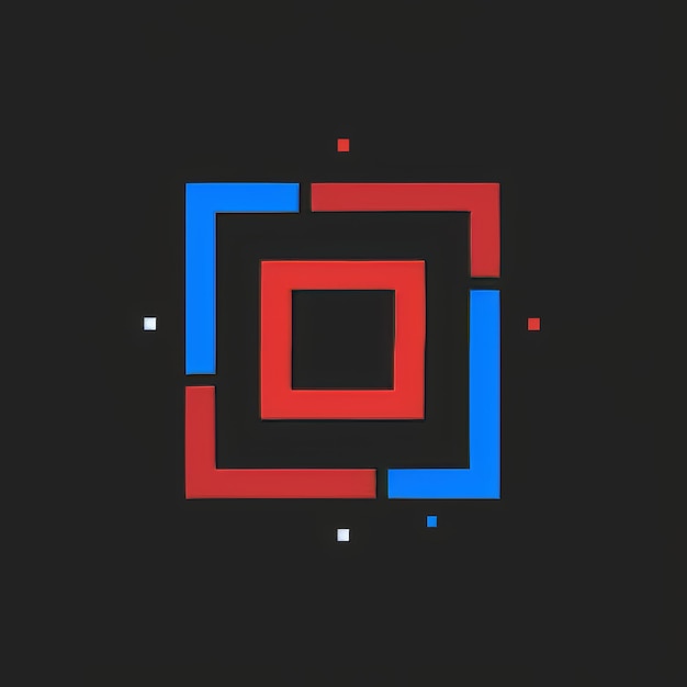 Abstract logo design with blue and red squares on a black background