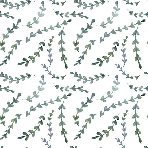 Abstract long branches with leaves, seamless floral pattern on white background