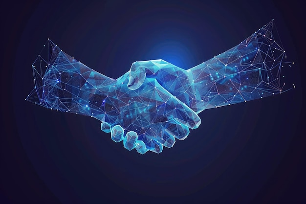 Abstract Low Poly Agreement Handshake on Dark Blue Background