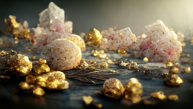 Abstract luxury background he with gems and crystals gold dust and light effects Ai render 3D illustration