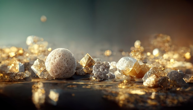 Abstract luxury background he with gems and crystals gold dust and light effects Ai render 3D illustration