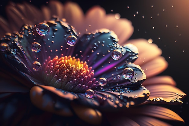 Abstract macro fantasy of dew drops on colorful garden flower in golden sunlight generative ai