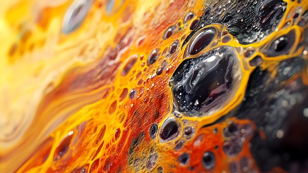 Abstract Macro Photography of Yellow Orange and Black Paint with Bubbles