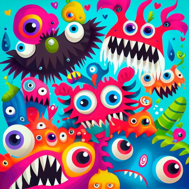 Abstract magical funny cartoon monsters Lots of colored pnt funny monsters and rnbow colors