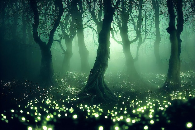 Abstract and magical image of Firefly flying in the night forest