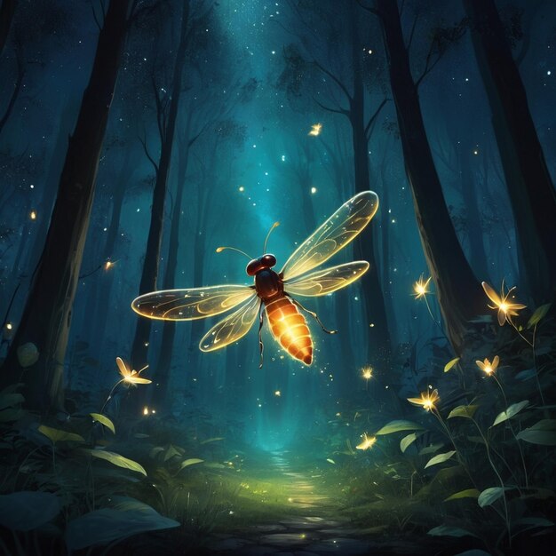 Photo abstract and magical image of glitter firefly flying in the night forest fairy tale concept